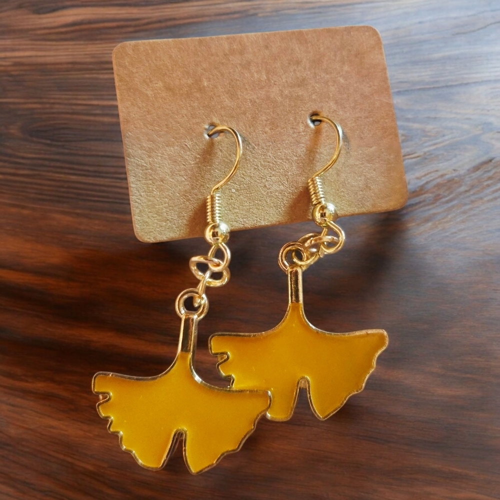 Gold Enamel Ginkgo Leaf Dangle Earrings -New